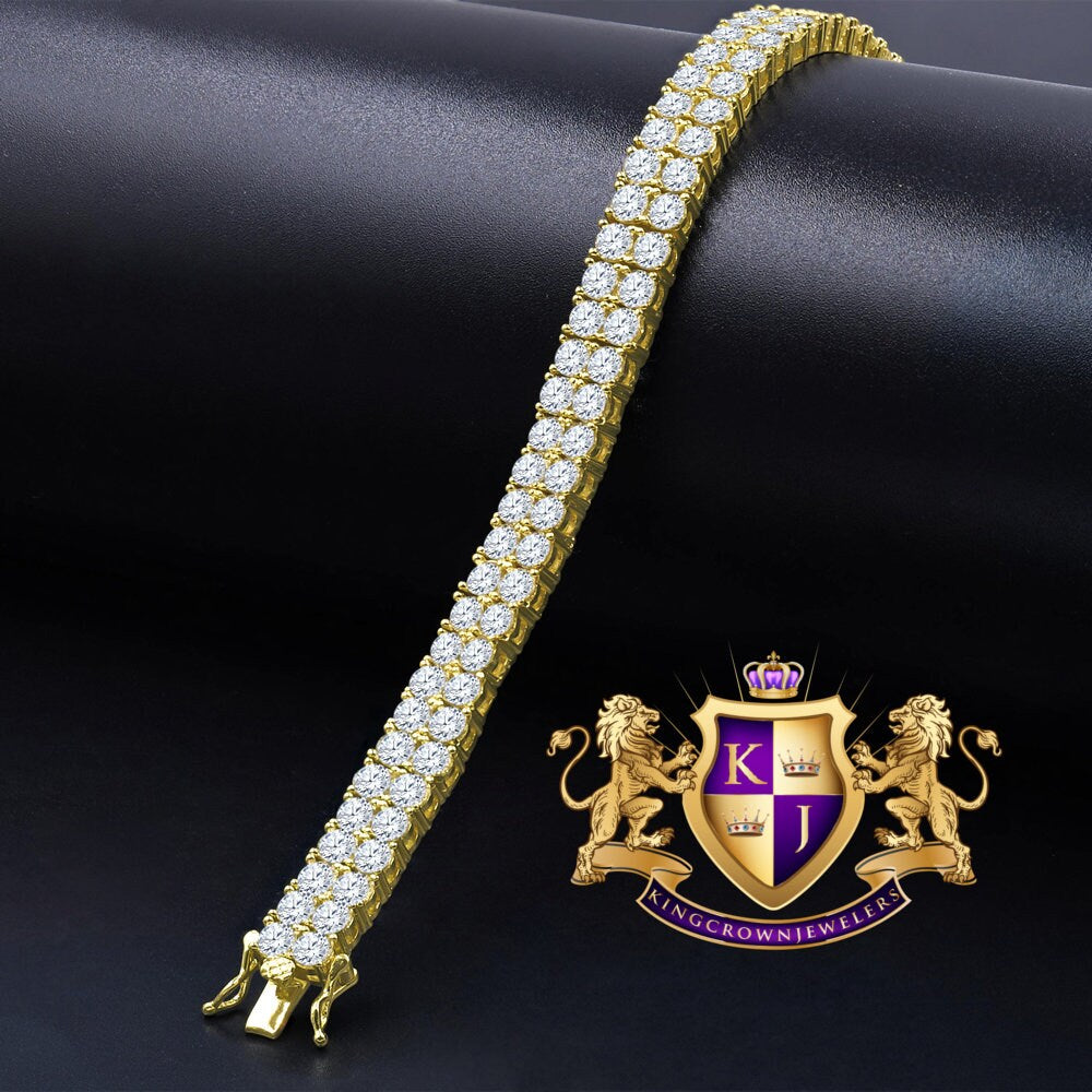 Unisex Real Genuine Yellow Gold Sterling Silver Simulated Diamond 2 Row Tennis Link Bracelet 8''