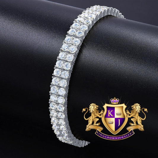 Unisex Real White Gold On Genuine Sterling Silver Simulated Diamond 2 Row Tennis Link Bracelet 8''