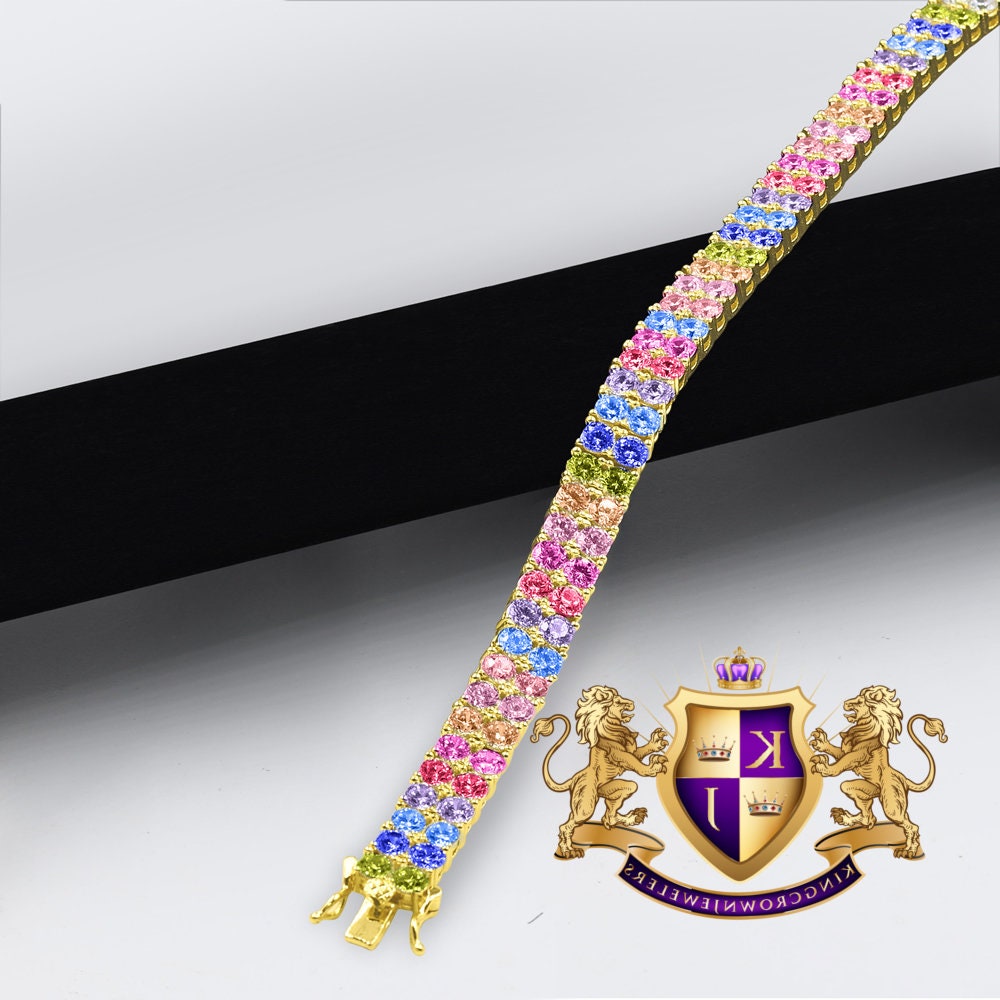 High Quality Rainbow Multi Tone 14K Yellow Gold Finish Simulated Diamond 2 Row Tennis Bracelet Unisex