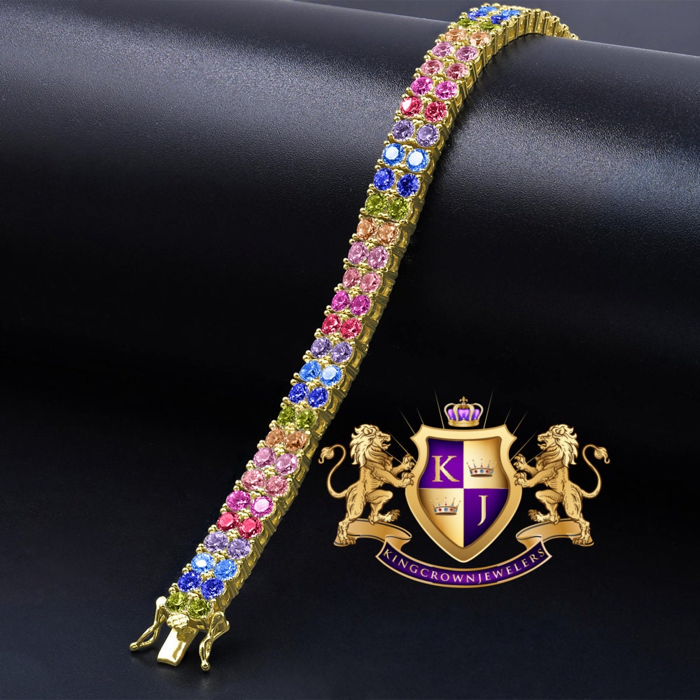 High Quality Rainbow Multi Tone 14K Yellow Gold Finish Simulated Diamond 2 Row Tennis Bracelet Unisex