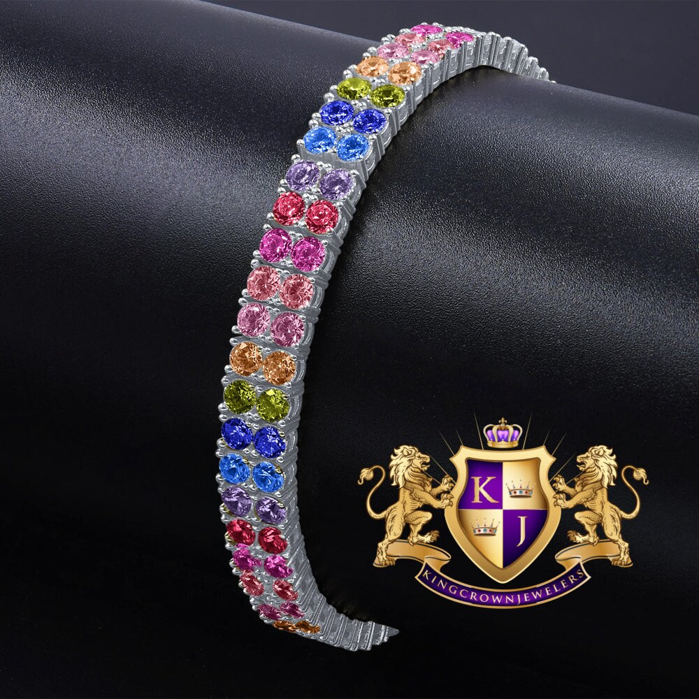 Rainbow Multi Tone White Gold Over Real Sterling Silver 2 Row Tennis Bracelet Unisex 8''