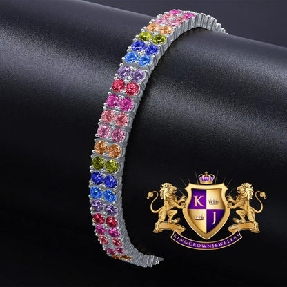 Rainbow Multi Tone White Gold Over Real Sterling Silver 2 Row Tennis Bracelet Unisex 8''