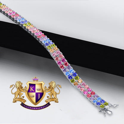 Rainbow Multi Tone White Gold Over Real Sterling Silver 2 Row Tennis Bracelet Unisex 8''