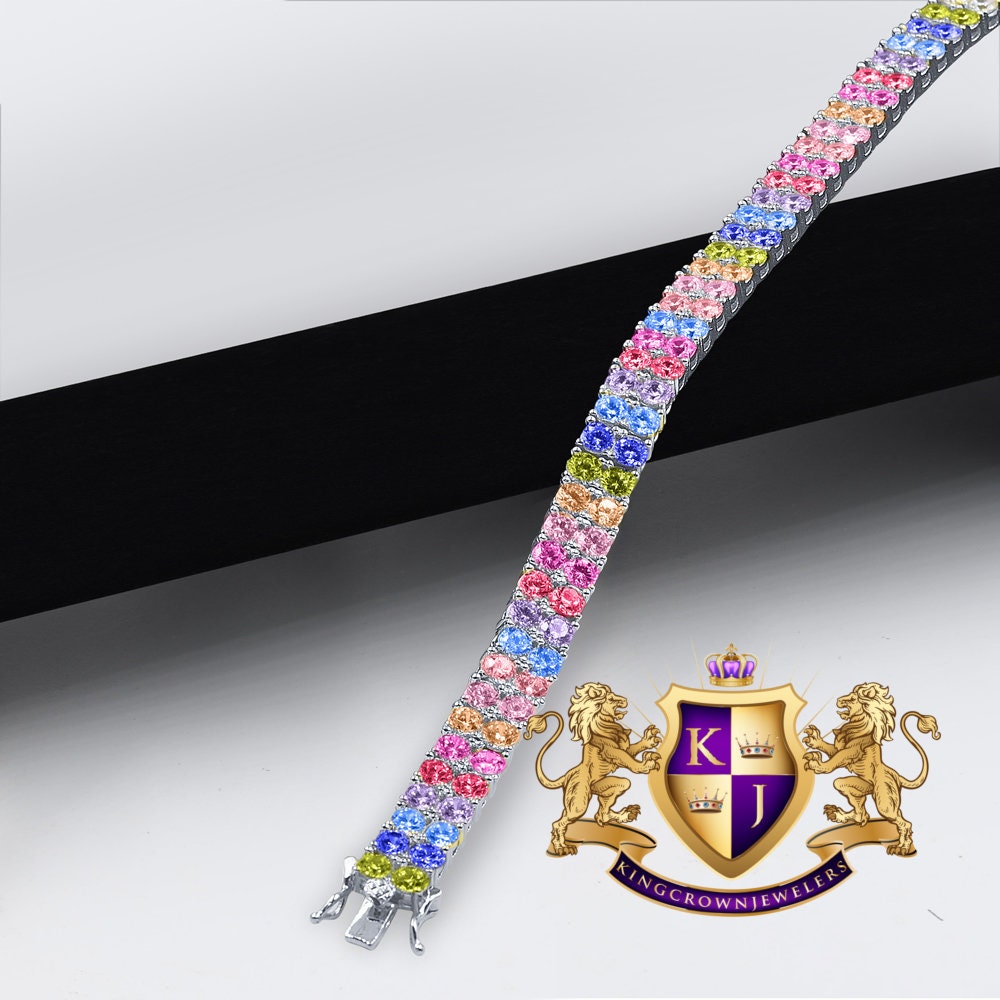 High Quality Rainbow Multi Tone 14K White Gold Finish 2 Row Tennis Link Bracelet Unisex