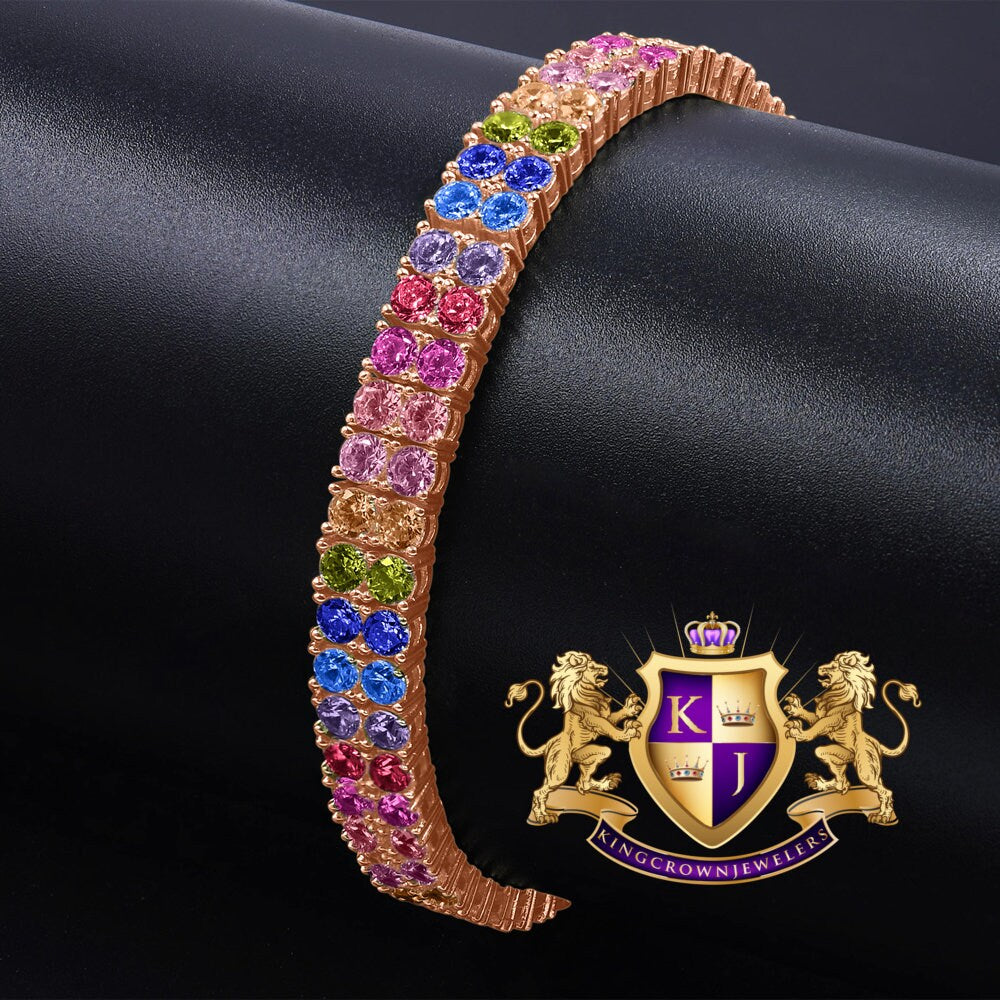 Rainbow Multi Tone 10K Rose Gold Over Real Sterling Silver 2 Row Tennis Bracelet Unisex 8''