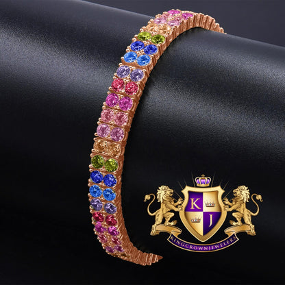 Rainbow Multi Tone 10K Rose Gold Over Real Sterling Silver 2 Row Tennis Bracelet Unisex 8''