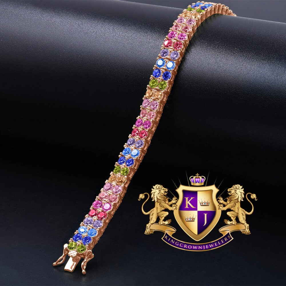 Rainbow Multi Tone 10K Rose Gold Over Real Sterling Silver 2 Row Tennis Bracelet Unisex 8''