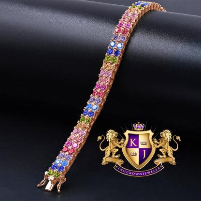 Rainbow Multi Tone 10K Rose Gold Over Real Sterling Silver 2 Row Tennis Bracelet Unisex 8''