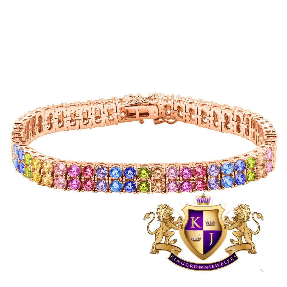 Rainbow Multi Tone 10K Rose Gold Over Real Sterling Silver 2 Row Tennis Bracelet Unisex 8''