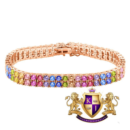Rainbow Multi Tone 10K Rose Gold Over Real Sterling Silver 2 Row Tennis Bracelet Unisex 8''