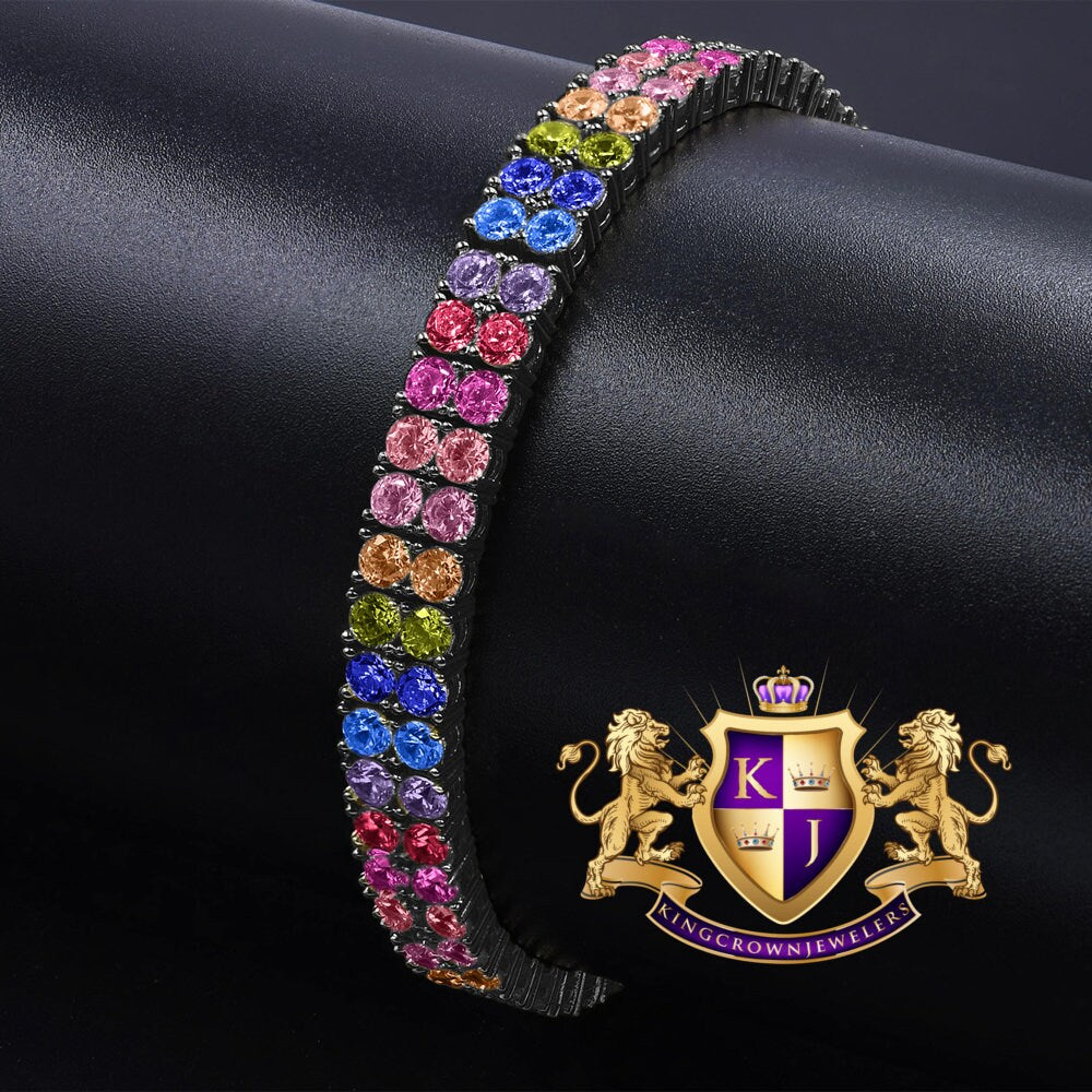 Rainbow Multi Tone 10K Black Gold Over Real Sterling Silver 2 Row Tennis Bracelet Unisex 8''