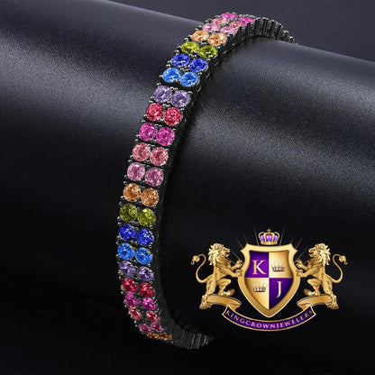 Rainbow Multi Tone 10K Black Gold Over Real Sterling Silver 2 Row Tennis Bracelet Unisex 8''