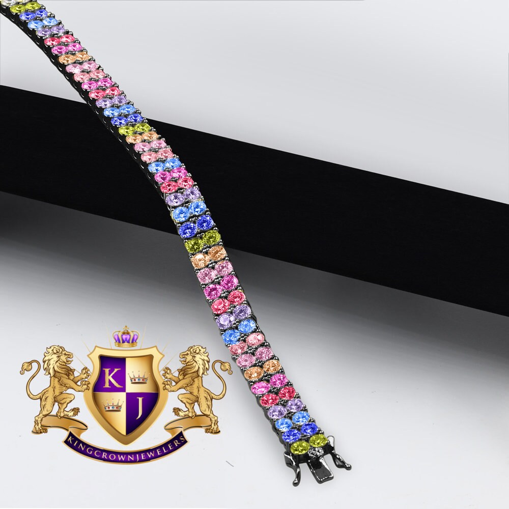 Rainbow Multi Tone 10K Black Gold Over Real Sterling Silver 2 Row Tennis Bracelet Unisex 8''