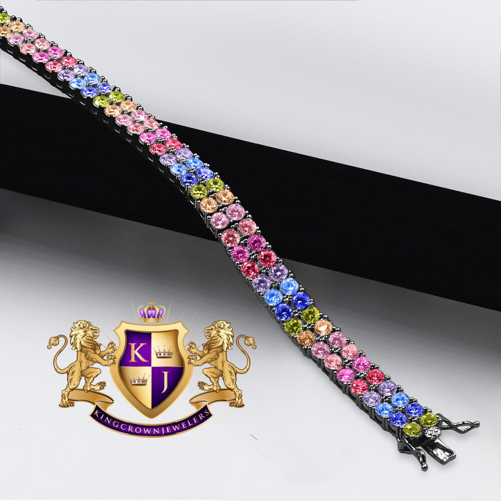 Rainbow Multi Tone 10K Black Gold Over Real Sterling Silver 2 Row Tennis Bracelet Unisex 8''
