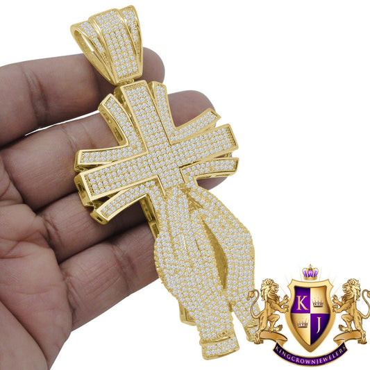 64+ Grams Big Jumbo 4.25'' Custom Piece 14K Yellow Gold Finish 4.00 Cwt. Simulated Diamond Praying Hand Jesus Cross Religious Pendant Charm