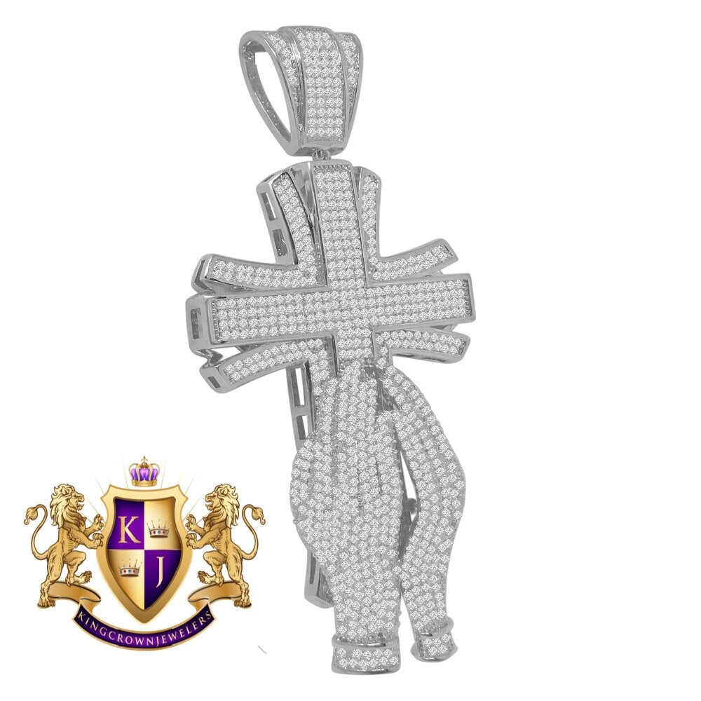 Big XL 4.25'' Custom Piece 14K White Gold Finish Simulated Diamond Praying Hand Jesus Cross Pendent Charm
