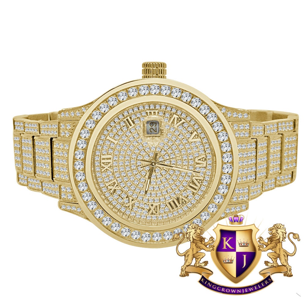 Mens Full Solid Stainless Steel Roman Numeral Face Yellow Gold Tone Simulated Diamond Watch 45mm