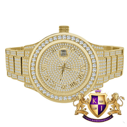 Mens Full Solid Stainless Steel Roman Numeral Face Yellow Gold Tone Simulated Diamond Watch 45mm