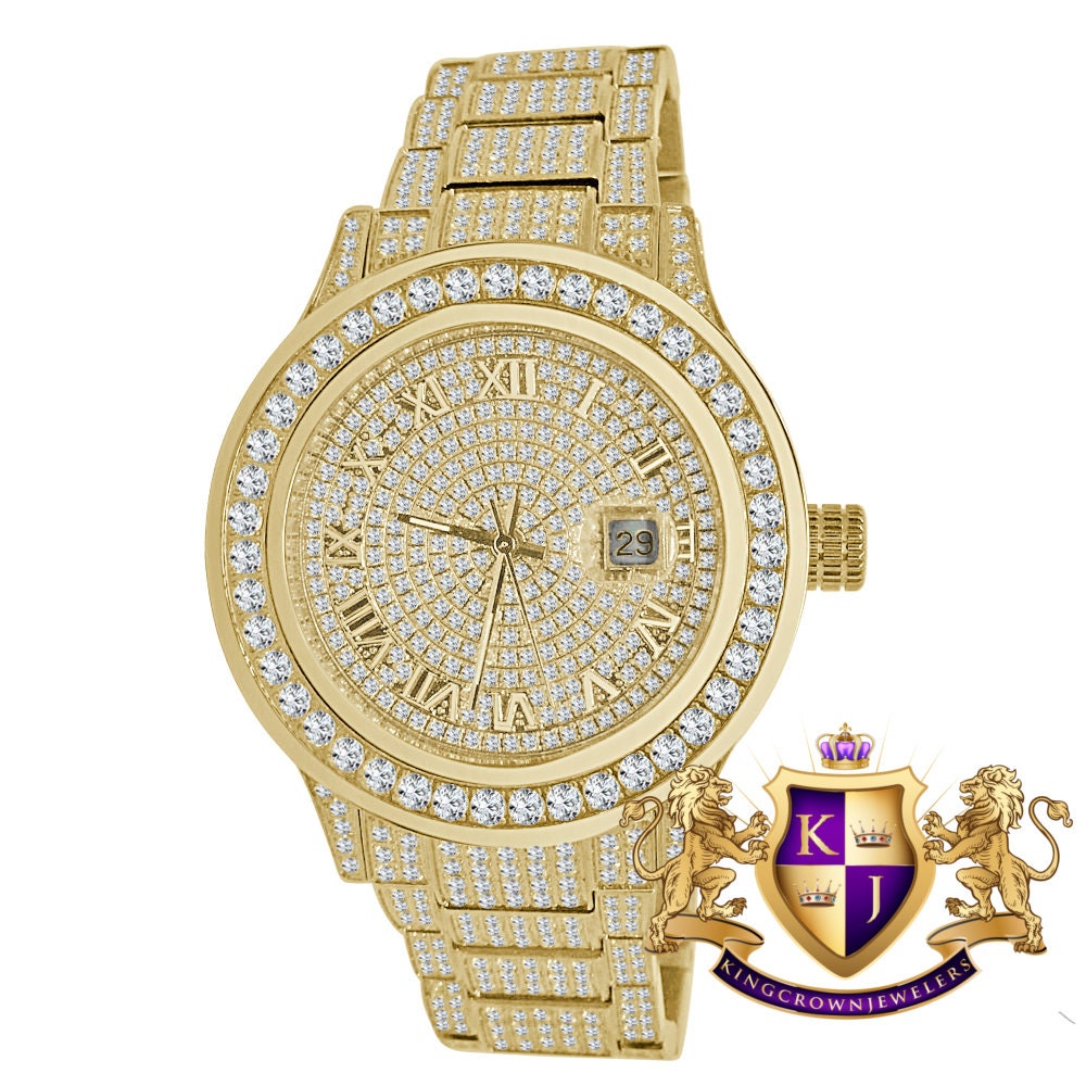 Mens Full Solid Stainless Steel Roman Numeral Face Yellow Gold Tone Simulated Diamond Watch 45mm