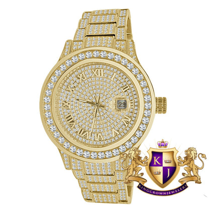 Mens Full Solid Stainless Steel Roman Numeral Face Yellow Gold Tone Simulated Diamond Watch 45mm