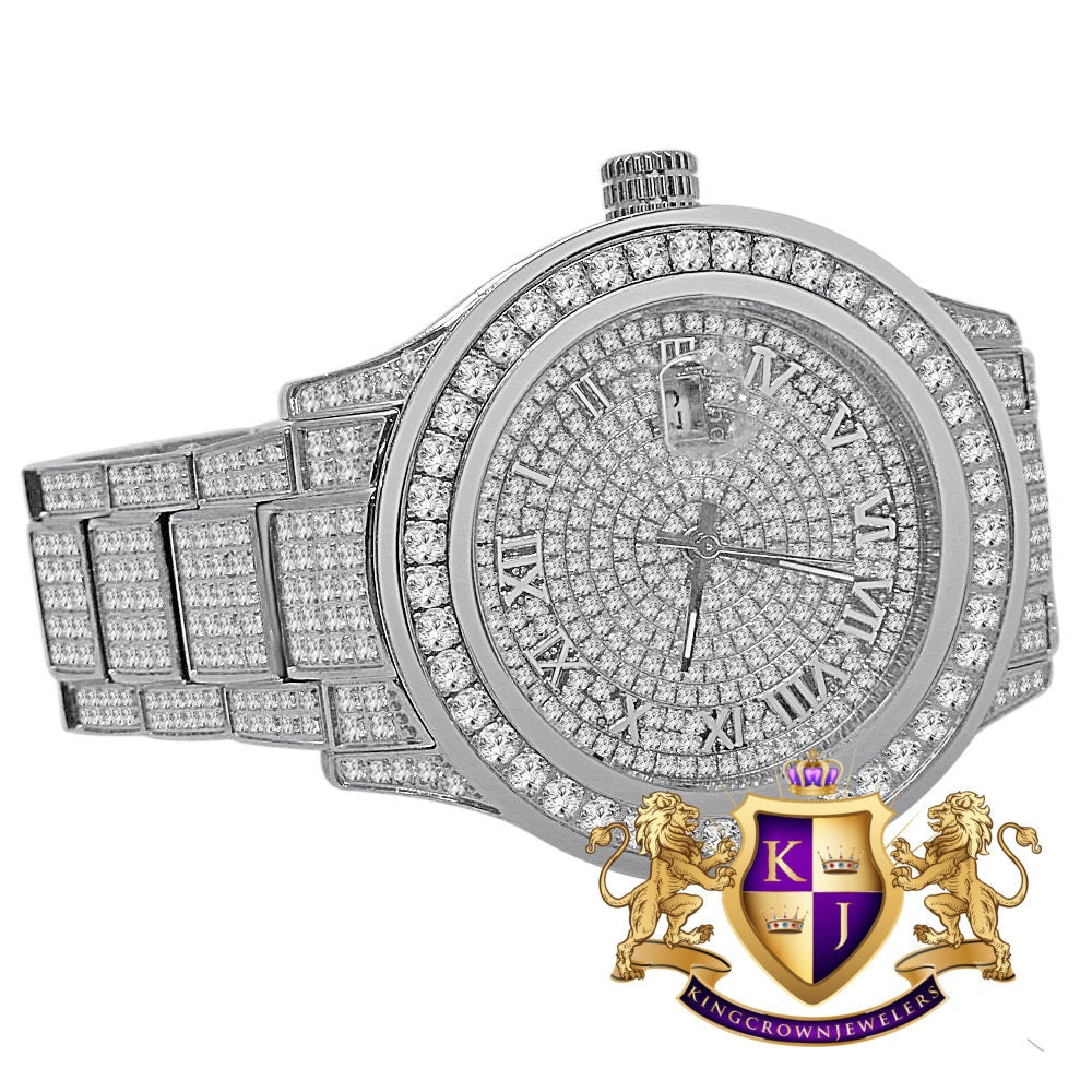 Mens Full Solid Stainless Steel Roman Numeral Face 18K White Gold Tone Simulated Diamond Watch 45mm