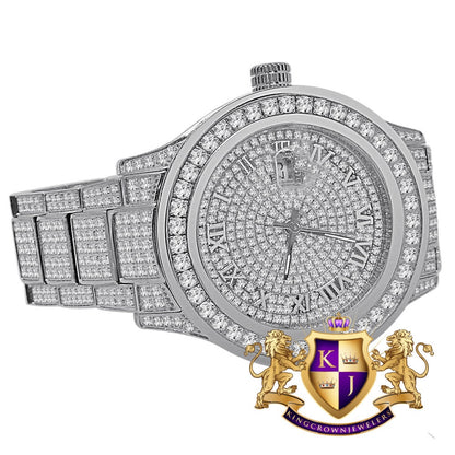 Mens Full Solid Stainless Steel Roman Numeral Face 18K White Gold Tone Simulated Diamond Watch 45mm