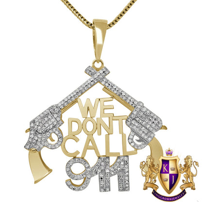 Men's Real Genuine Authentic Diamond 0.75 Cwt. "We Don't Call 911" Custom Pendent 10K Solid Gold Finish Charm Neckless Chain Set