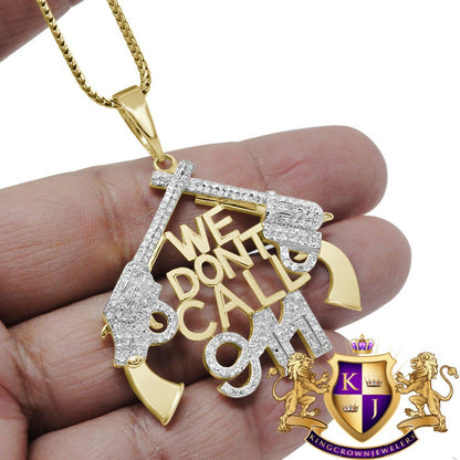 Men's Real Genuine Authentic Diamond 0.75 Cwt. "We Don't Call 911" Custom Pendent 10K Solid Gold Finish Charm Neckless Chain Set