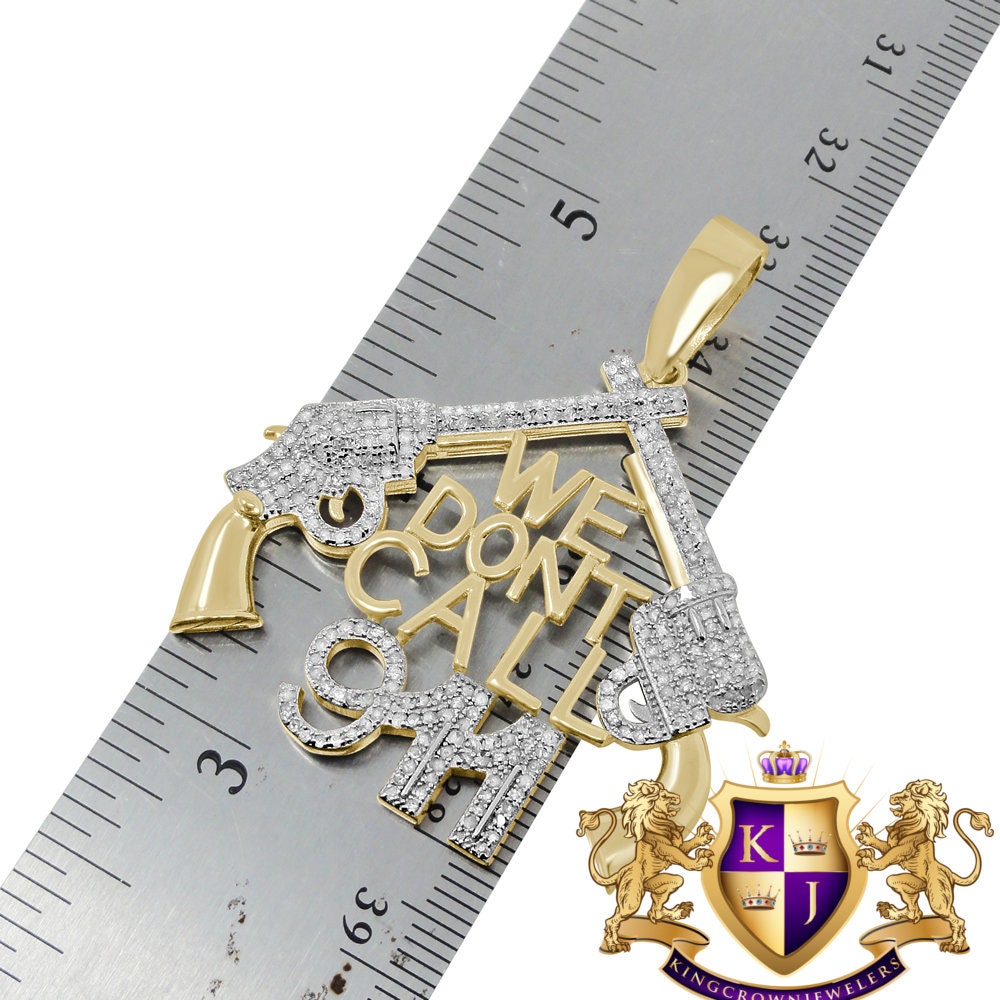 Men's Real Genuine Authentic Diamond 0.75 Cwt. "We Don't Call 911" Custom Pendent 10K Solid Gold Finish Charm Neckless Chain Set