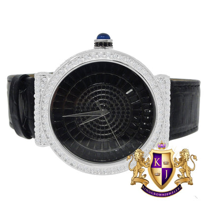 Men's 3.00 ctw A++ Baguette Full Cz's White Gold Tone Black Dial Bling Master Leather Custom Wrist Watch