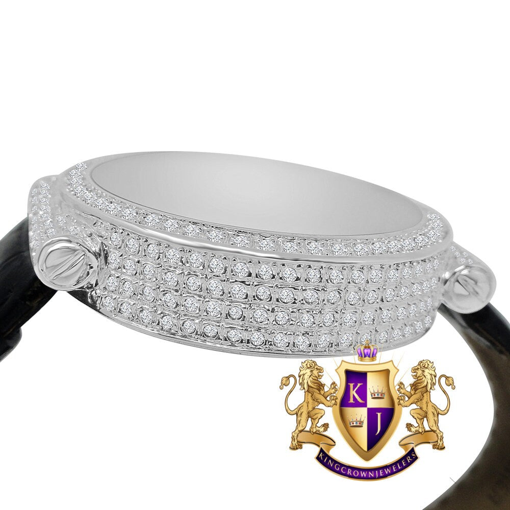 Men's 3.00 ctw A++ Baguette Full Cz's White Gold Tone Black Dial Bling Master Leather Custom Wrist Watch