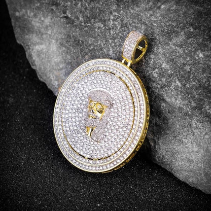 14K Yellow Gold On Real Sterling Silver Simulated Diamonds Jesus Face Piece Spinner Charm Pendent Medallion 2.10''