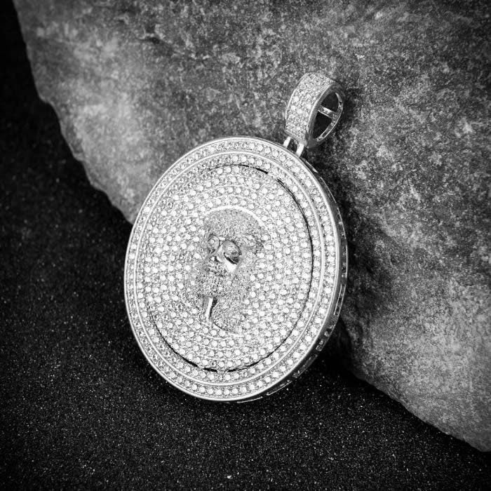 14K White Gold On Real Sterling Silver Simulated Diamonds Jesus Face Piece Spinner Charm Pendent Medallion 2.10''