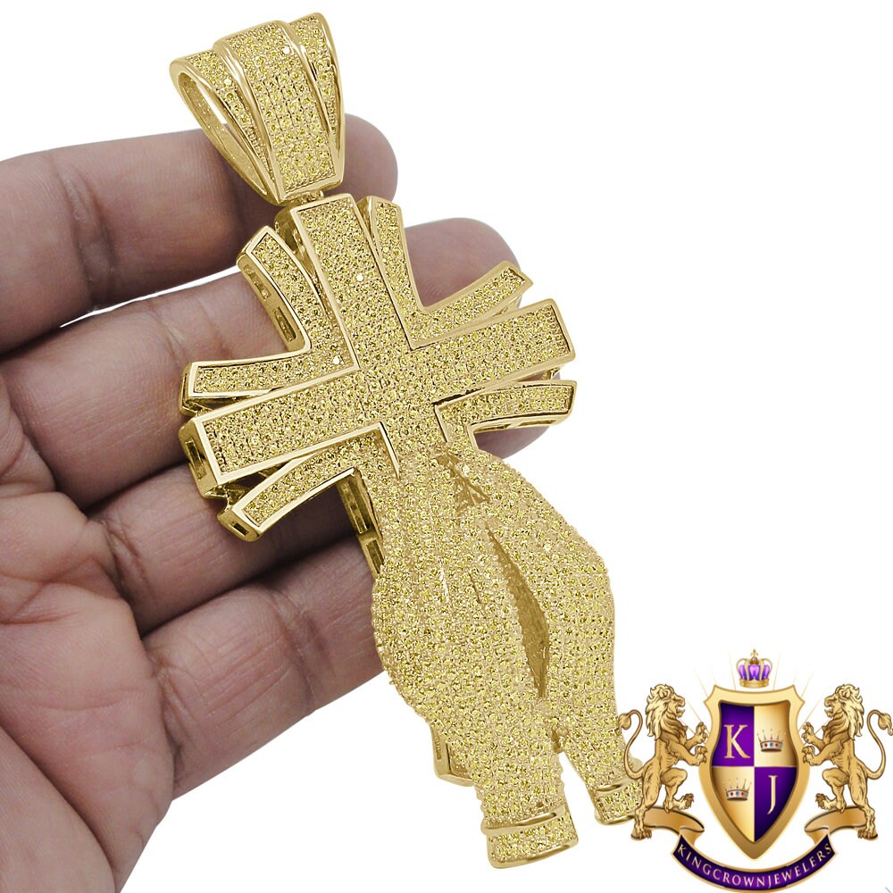 Yellow Canary Big XL 4.25'' Custom Piece 14K Gold Finish Simulated Diamond Praying Hand Jesus Cross Pendent Charm