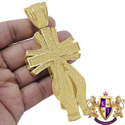 Yellow Canary Big XL 4.25'' Custom Piece 14K Gold Finish Simulated Diamond Praying Hand Jesus Cross Pendent Charm