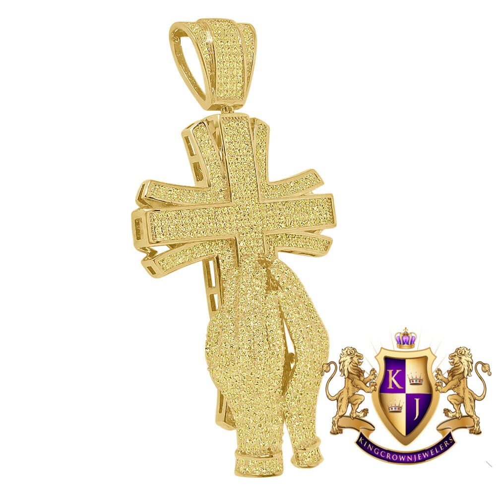Yellow Canary Big XL 4.25'' Custom Piece 14K Gold Finish Simulated Diamond Praying Hand Jesus Cross Pendent Charm