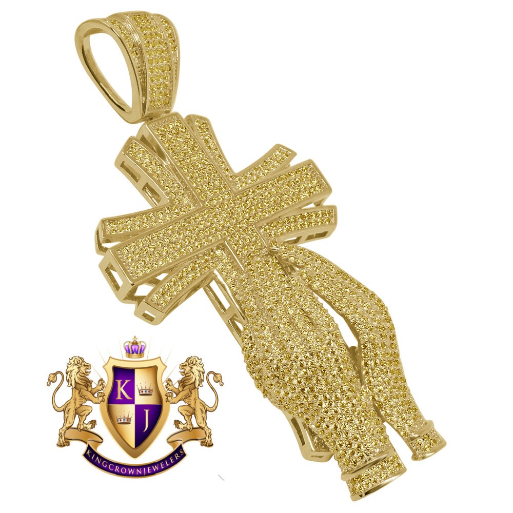 Yellow Canary Big XL 4.25'' Custom Piece 14K Gold Finish Simulated Diamond Praying Hand Jesus Cross Pendent Charm