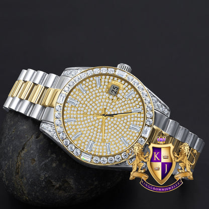 Mens Solid Stainless Steel 2 Tone 18K Gold Finish Simulated Diamond 40mm Presidential Watch W/Date Function