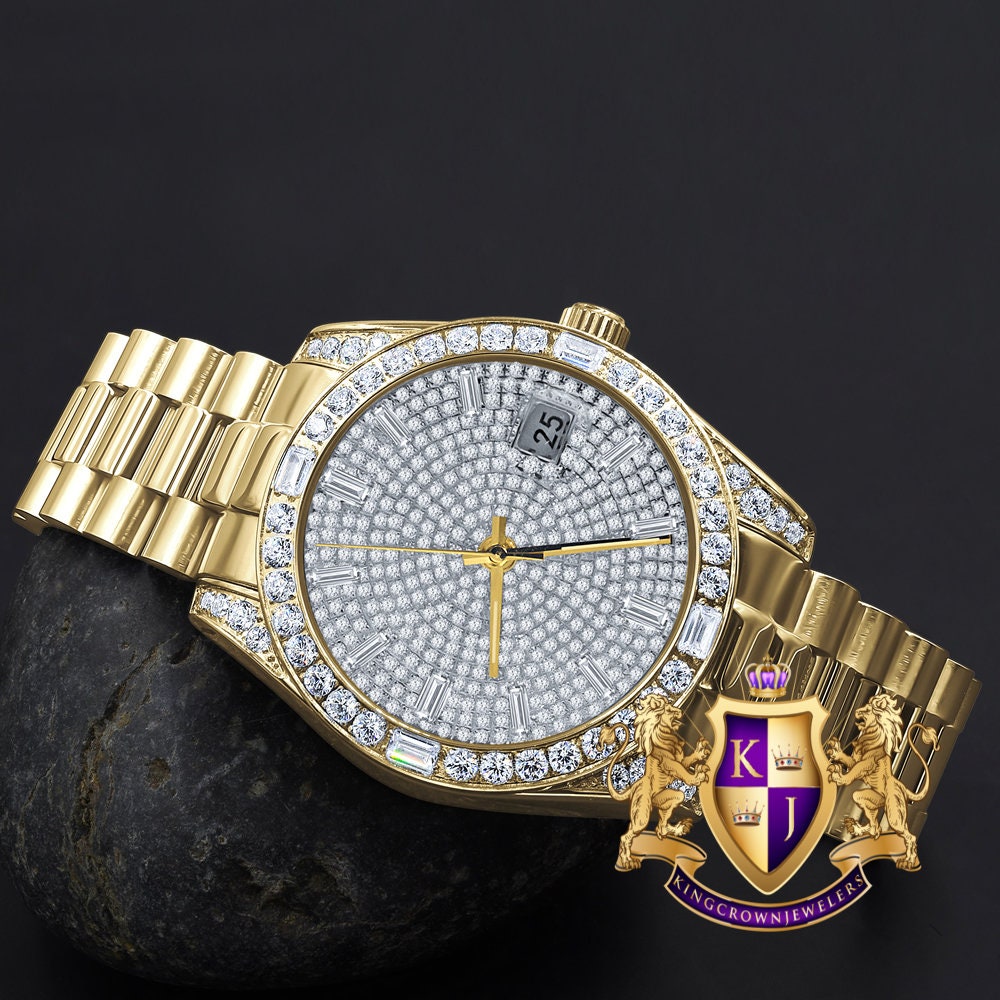 Mens Solid Stainless Steel 18K Yellow Gold Finish White Dial Simulated Diamond 40mm Presidential Watch W/Date Function
