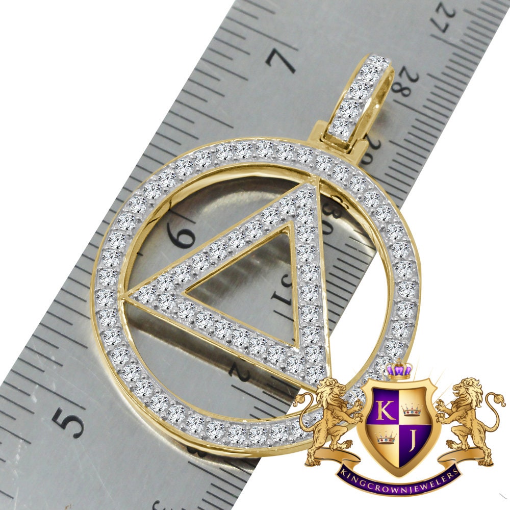 Real Sterling Silver Simulated Diamond Illuminati Eminem Triangle Sign 10K Yellow Gold Finish Pendant Charm 2''