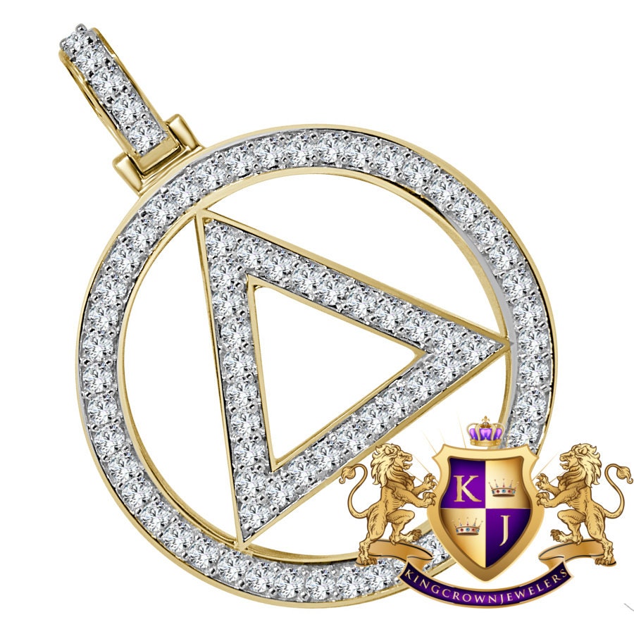 Real Sterling Silver Simulated Diamond Illuminati Eminem Triangle Sign 10K Yellow Gold Finish Pendant Charm 2''