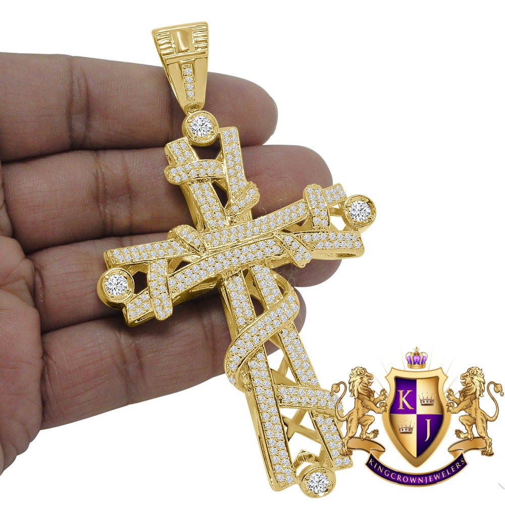 Big XL 4'' Custom Piece 14K Yellow Gold Finish Simulated Diamond Jesus Cross Pendent Charm