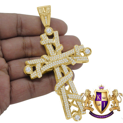 Big XL 4'' Custom Piece 14K Yellow Gold Finish Simulated Diamond Jesus Cross Pendent Charm