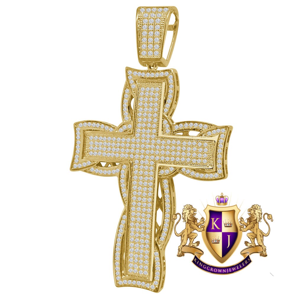 High Quality AAA+ Cubic Zirconia 14K Yellow Gold Finish Holy Jesus Cross Pendent Charm 3.25''