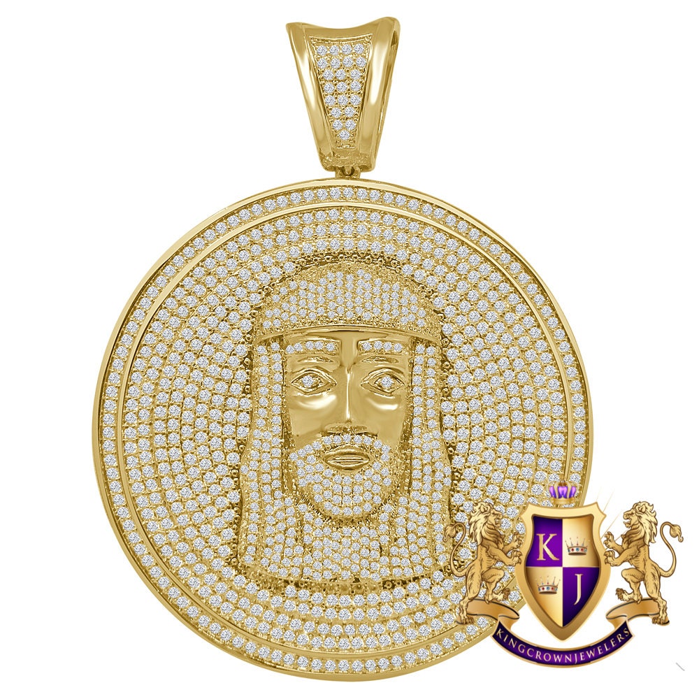 Jumbo Big 3.55'' 14K Yellow Gold Finish Simulated Diamond  Jesus Face Piece Pendent Charm Medallion