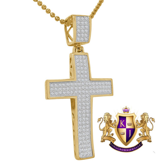 Real Genuine Yellow Gold Sterling Silver Simulated Diamond Jesus Cross Pendent Charm Chain 2.25''