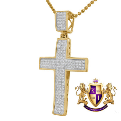 Real Genuine Yellow Gold Sterling Silver Simulated Diamond Jesus Cross Pendent Charm Chain 2.25''