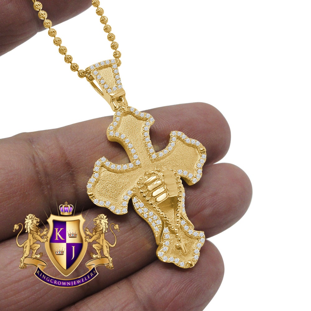 Real Sterling Silver Gold Tone Simulated Diamond Praying Hands Cross Charm Pendent Chain Set  2''