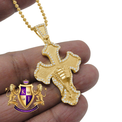 Real Sterling Silver Gold Tone Simulated Diamond Praying Hands Cross Charm Pendent Chain Set  2''