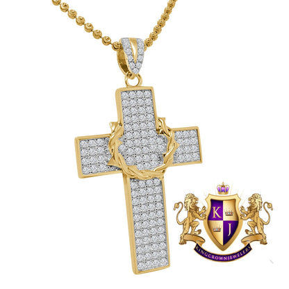 Genuine Sterling Silver Yellow Gold Tone Simulated Diamond Holy Cross Charm Pendent Chain Set  1.90''